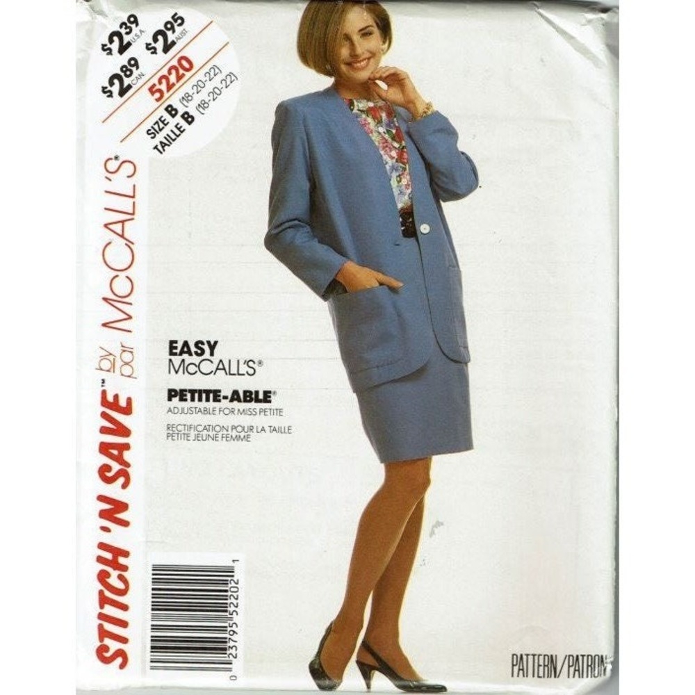 McCall's Sewing Pattern 5220 Misses Size 18-22 Blue Jacket Top Skirt Uncut